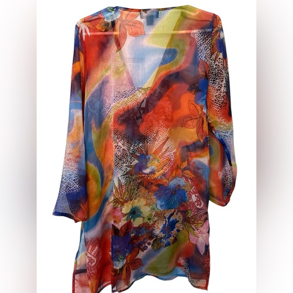 Fashion Fuse Orange and Blue Graphic Tie Front Blouse Beach Coverup Sheer - Picture 2 of 5